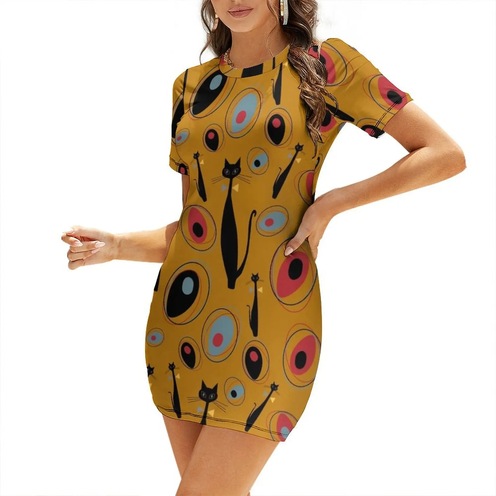 

Mid-Century Modern Art Atomic Cats 1.2 Half-Drop Pattern Short Sleeved Dress dress party night evening dress women