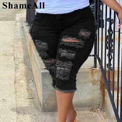 Women Plus Size Street Fringe Ripped Stretch Skinny Black Denim Shorts Summer Sexy Club Party High Waisted Short Jeans Hotpants