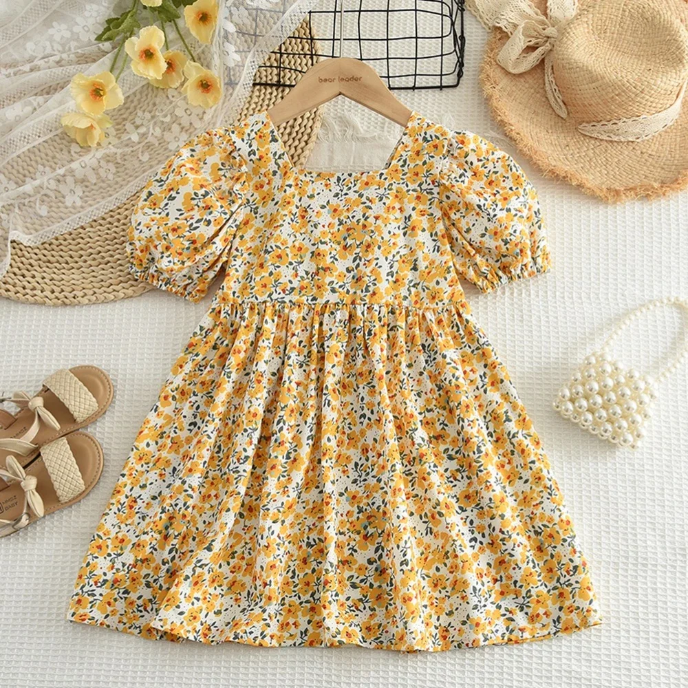 Summer New Korean Version Girl Flower Print Square Neck Bubble Sleeve Princess Dress Party Birthday Children's Casual Clothes image 3