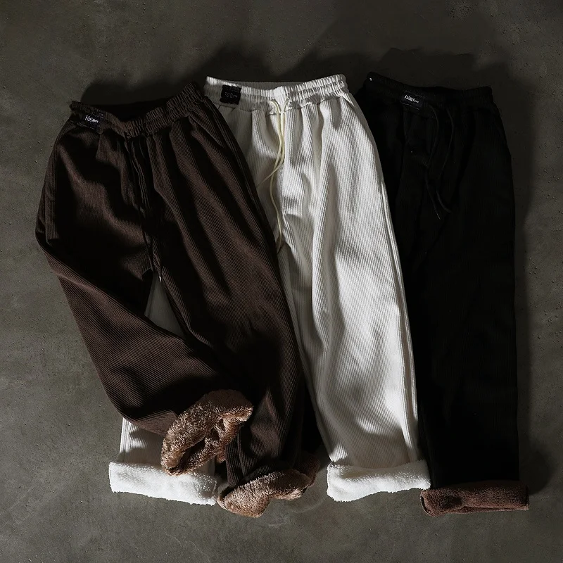 Men's And Women's Winter Loose Fit Corduroy Pants Straight Leg Fleece Lined Casual Trousers Versatile Wide Leg Long Pants