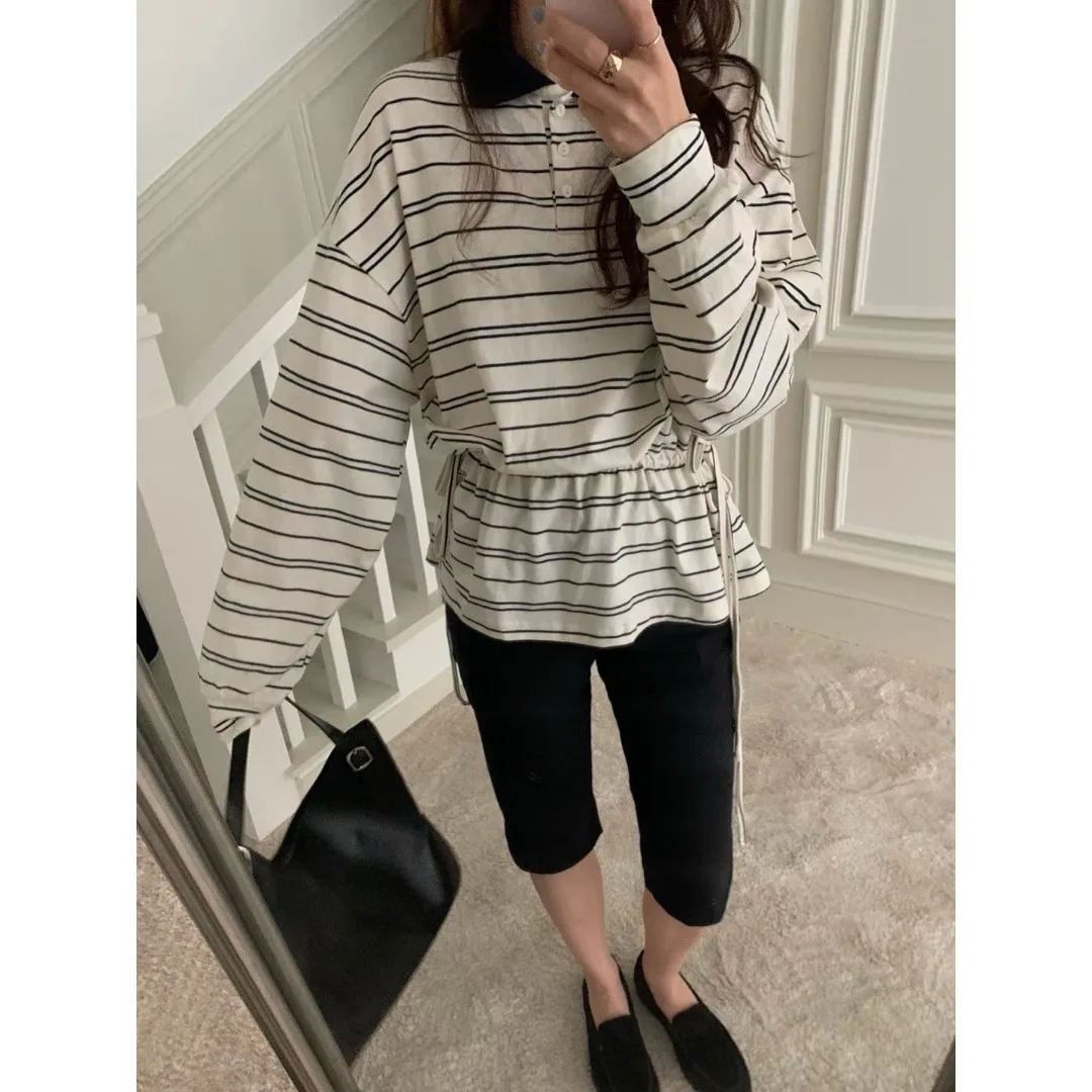 East Gate Inizio autunno pigro casual Faion design a righe con cintura in vita Ne T-shirt da donna Primavera Estate Autunno Inverno