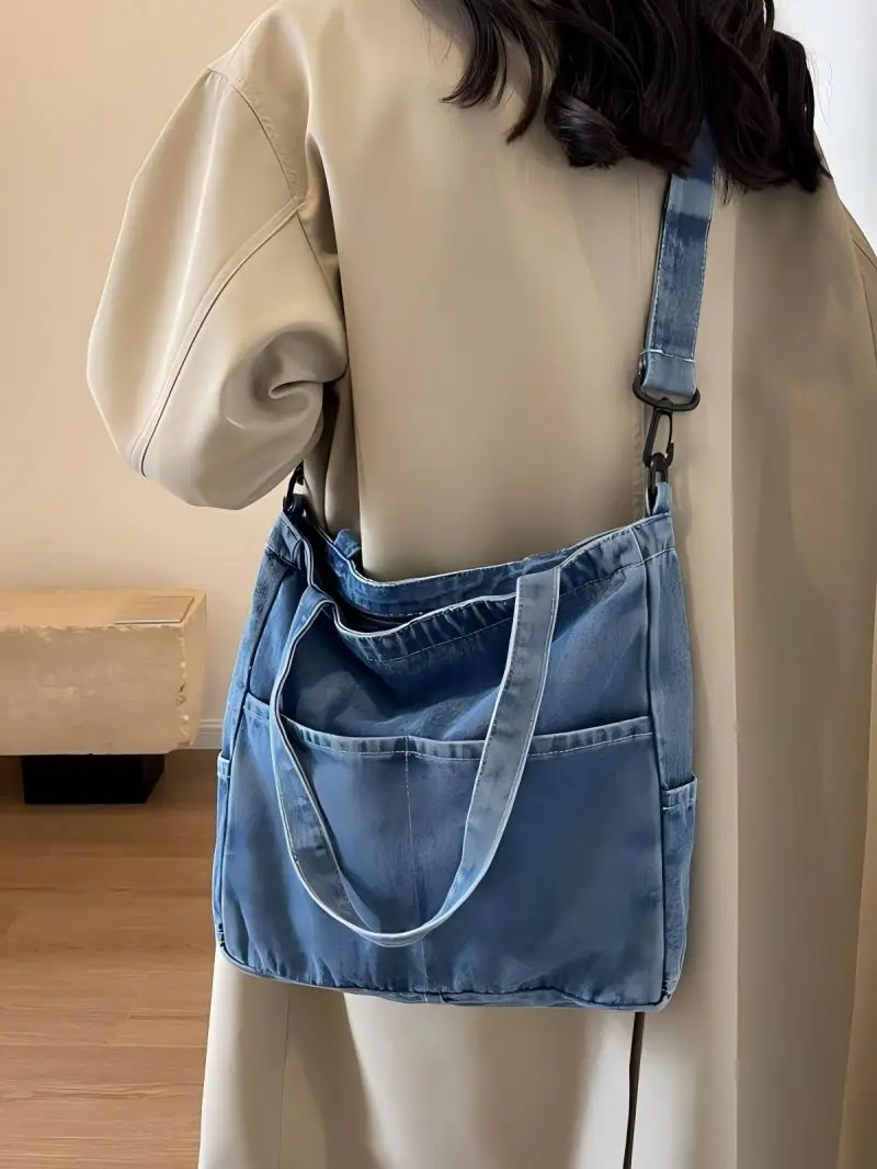 CGCBAG Casual Denim Canvas Women Tote Bag Simple Commuting Lage Capacity Shopper Shoulder Bag Female School Crossbody Bag