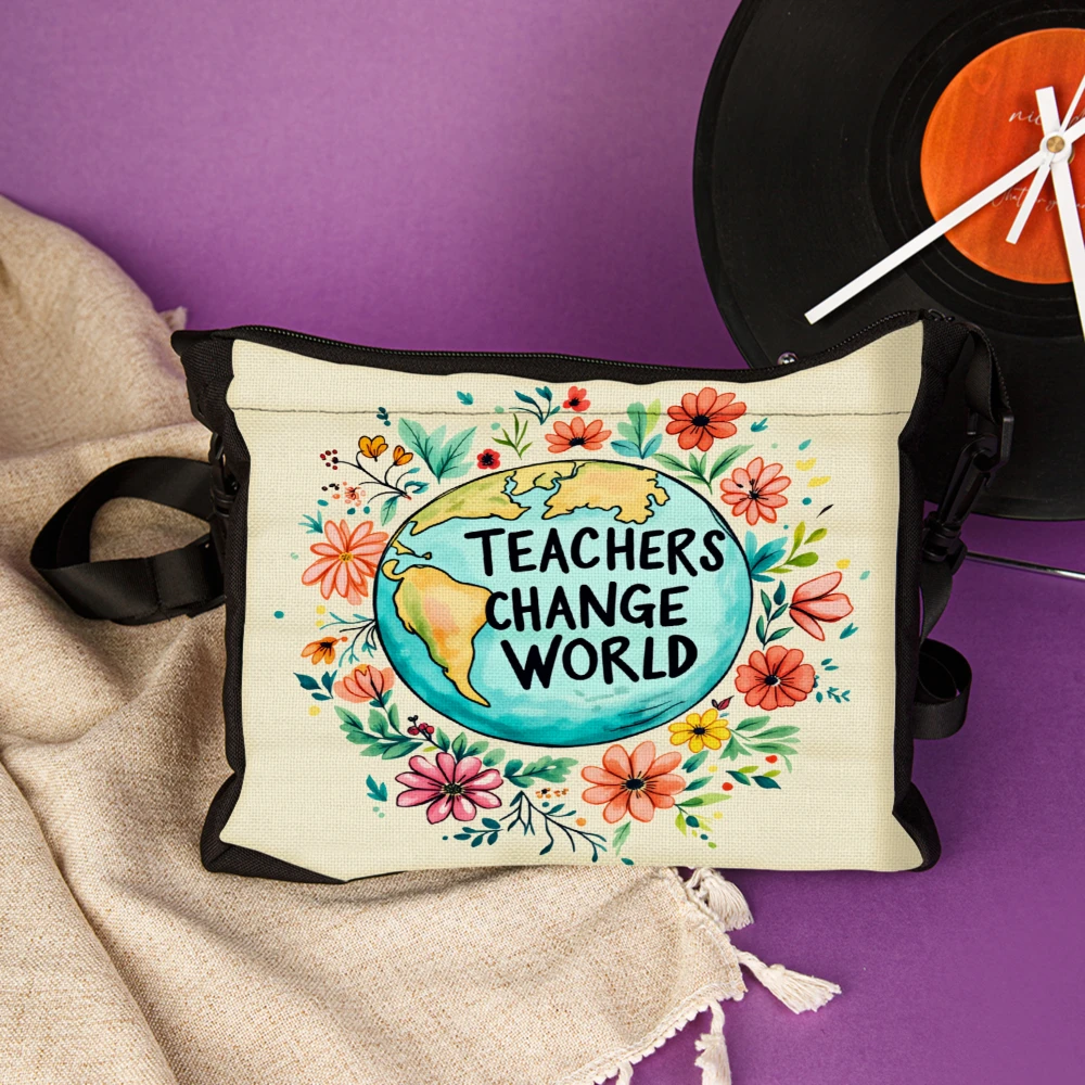 Teachers Change World Crossbody Bag Beige Floral Globe Print Shoulder Bags For Teachers And Educators School Work Commute Daily