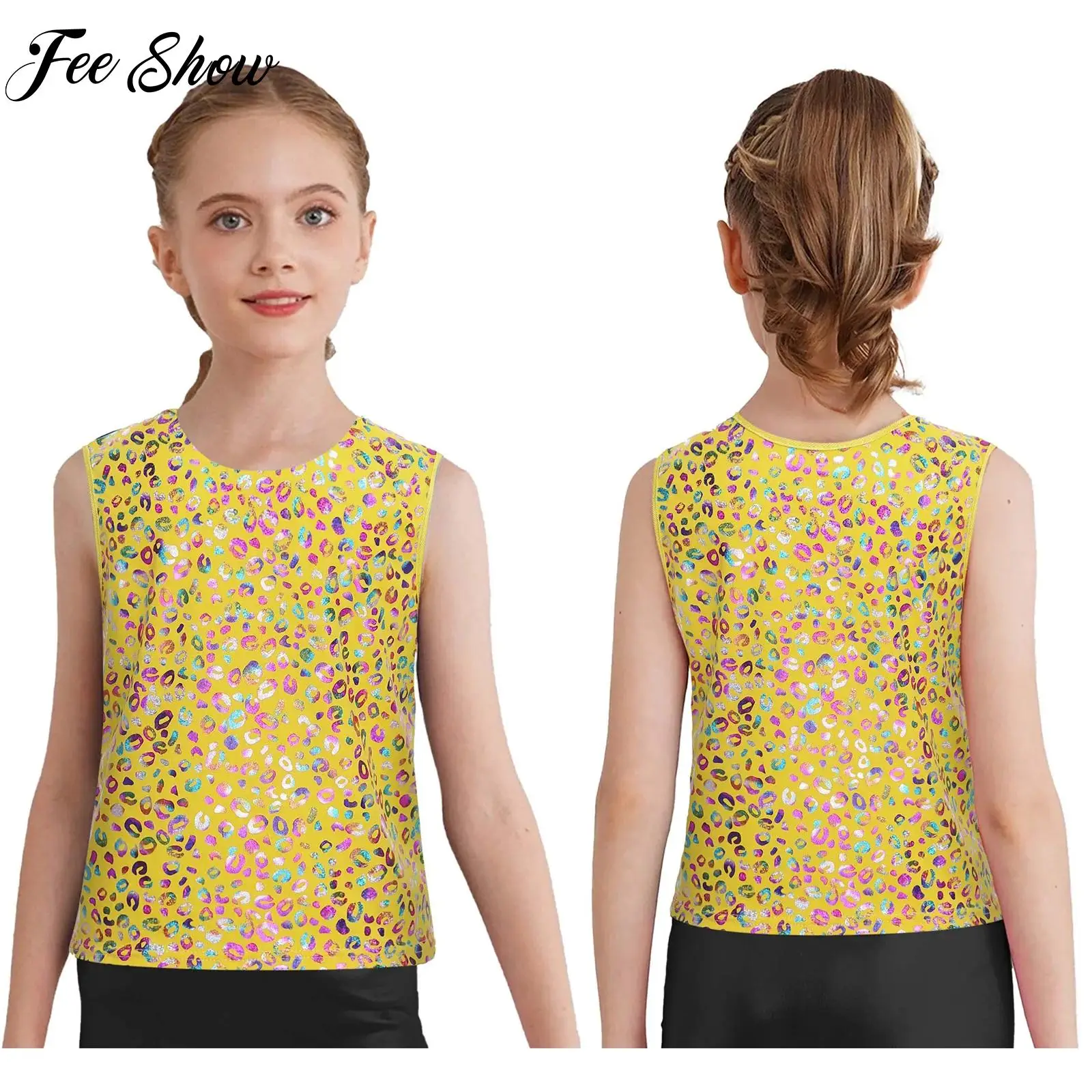 

Girls Boys Jazz Dance Vest Cheerleading Uniforms Stage Performance Workout Sports Costumes Metallic Leopard Sleeveless Tank Top