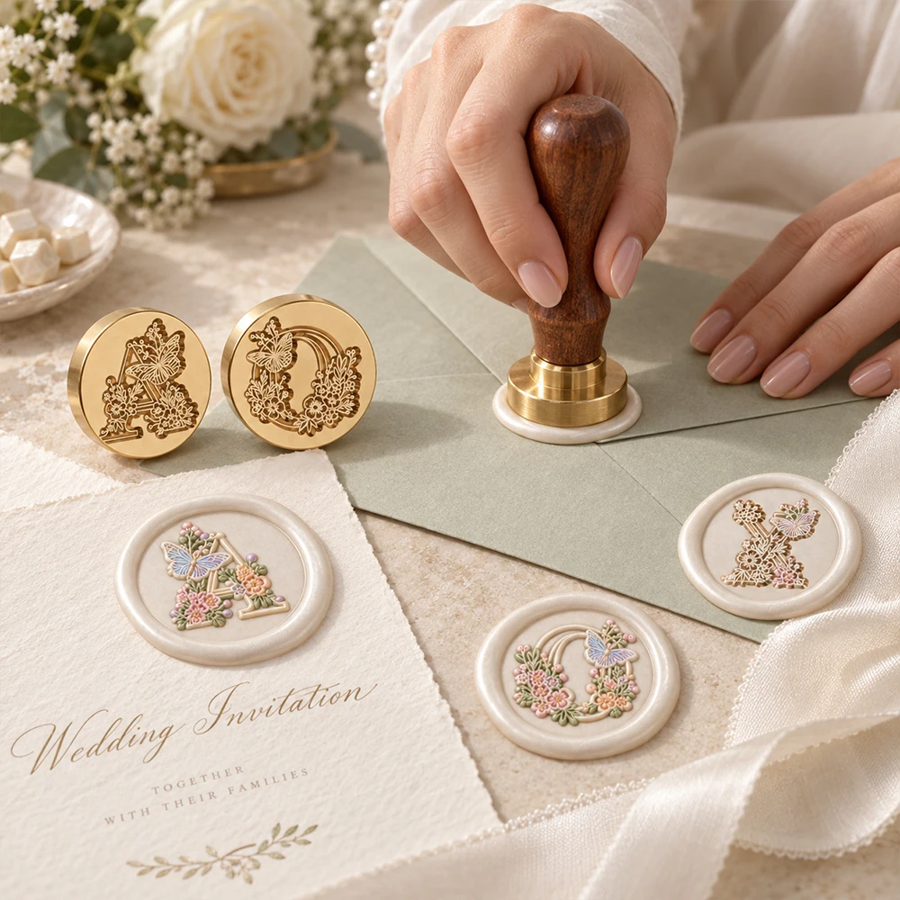 A-Z Initial Butterfly Floral Wax Seal Stamp 26 Letters Brass Sealing Stamp for Wedding Invitation Envelope DIY Scrapbooking