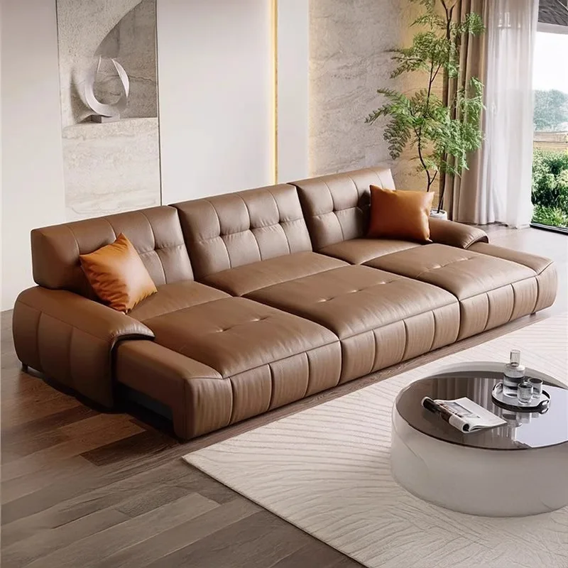 Leather sofa retractable small apartment, living room straight row three people