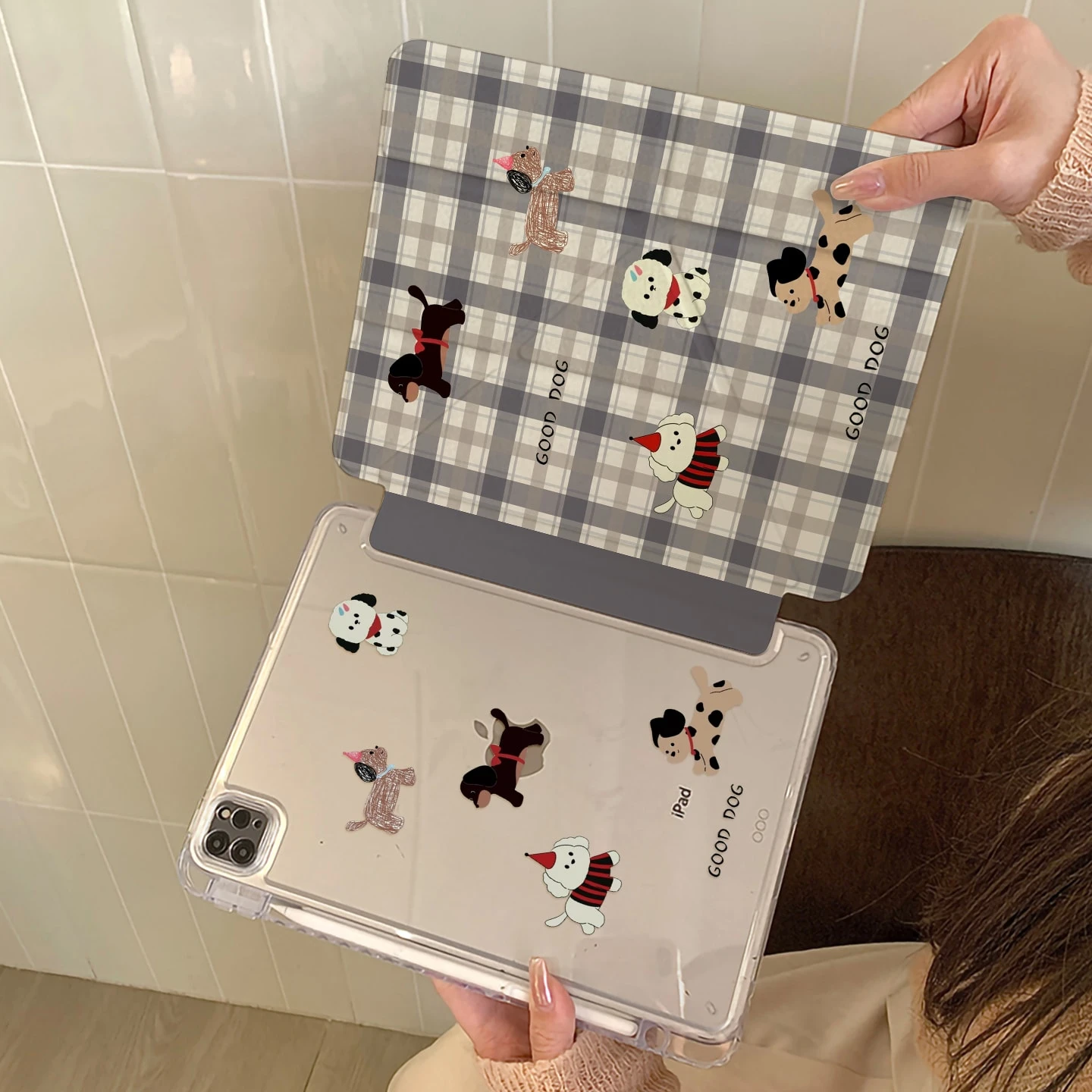 Ins Personalized Plaid Puppy Y2K Y-Fold Cover For iPad Pro 13 11th M5 M4 12.9 A16 10 8 7 9th 10th Air 11 M2 M3 Mini Tablet Case