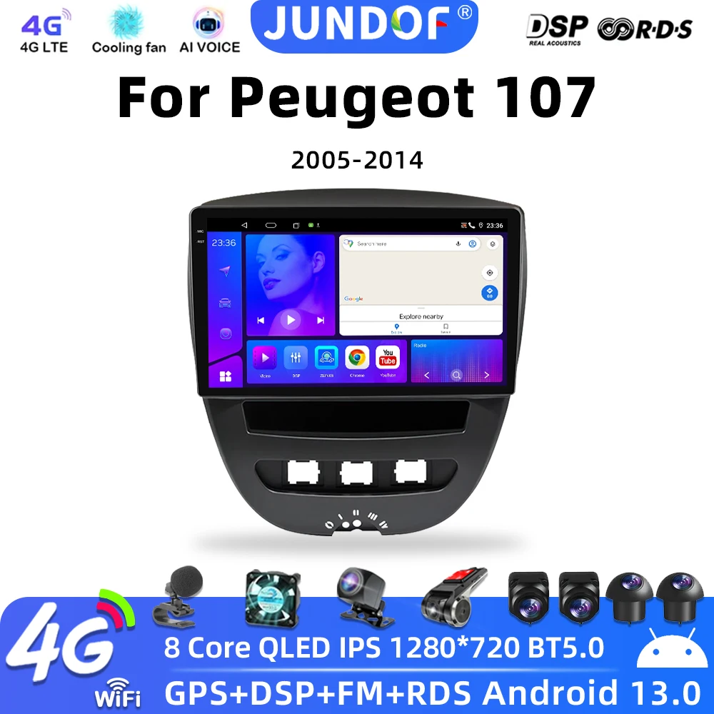 

JUNDOF 2 Din Car Radio For Peugeot 107 Toyota Aygo Citroen C1 2005-2014 Multimedia Player Android 12 4G GPS Navigation Carplay