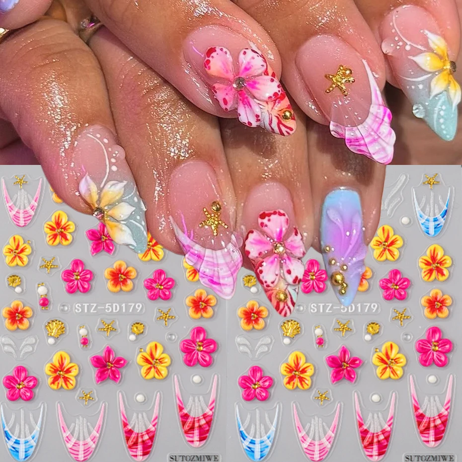 

Летние цветочные наклейки для ногтей - розово-желтый цветочный дизайн, золотые наклейки в стиле Y2K с узором морской звезды, французский дизайн, наклейки для нейл-арта своими руками