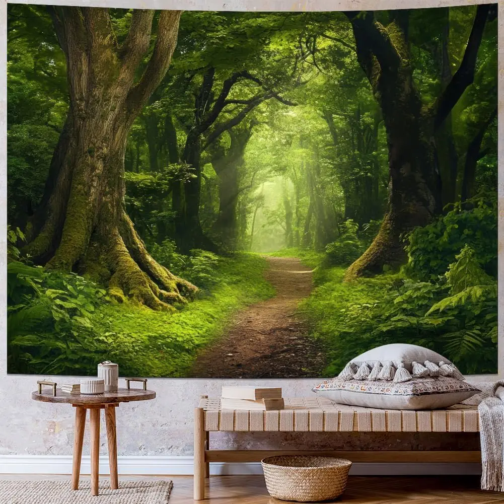 Forest Tapestry Nature Landscape Tapestries Green Tree Tapestries Misty Forest Wall Art Jungle Scenery Tapestry Wall Hanging for