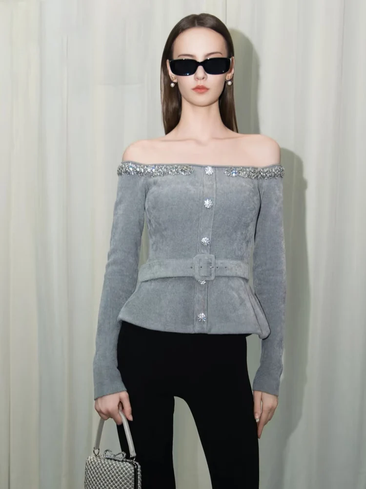 High-End Velvet Knitted oulder-Baring Long Sve Top French Sle Heavy Embellied One-oulder Velvet Knitwear for Women