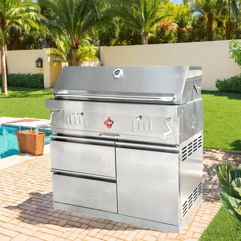 304 Stainless Steel Barbecue Grill Burner Large Multifunction Built in Charcoal Double Use BBQ Grill with Rotisserie