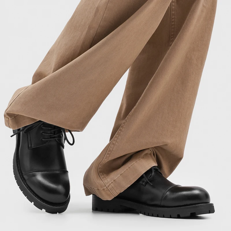 Men Derby Shoes Black Thick-soled Durable High-quality Leather Shoes with Large Sole Suitable Wedding Banquet Occasions Brand