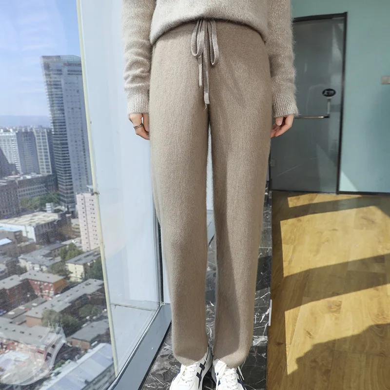 خريف/شتاء جديد 100% المنك النقي الكشمير محبوك بنطلون السيدات مرونة الخصر جوكر قدم السراويل عادية فضفاض سميكة سراويلي حريمي #2