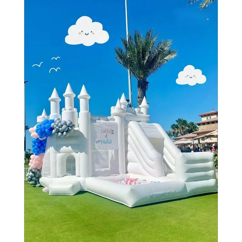

Stock Commercial White Castle 20x13ft Large White Adults Bounce House with Blower Slide Jump Bounce House For Wedding Party