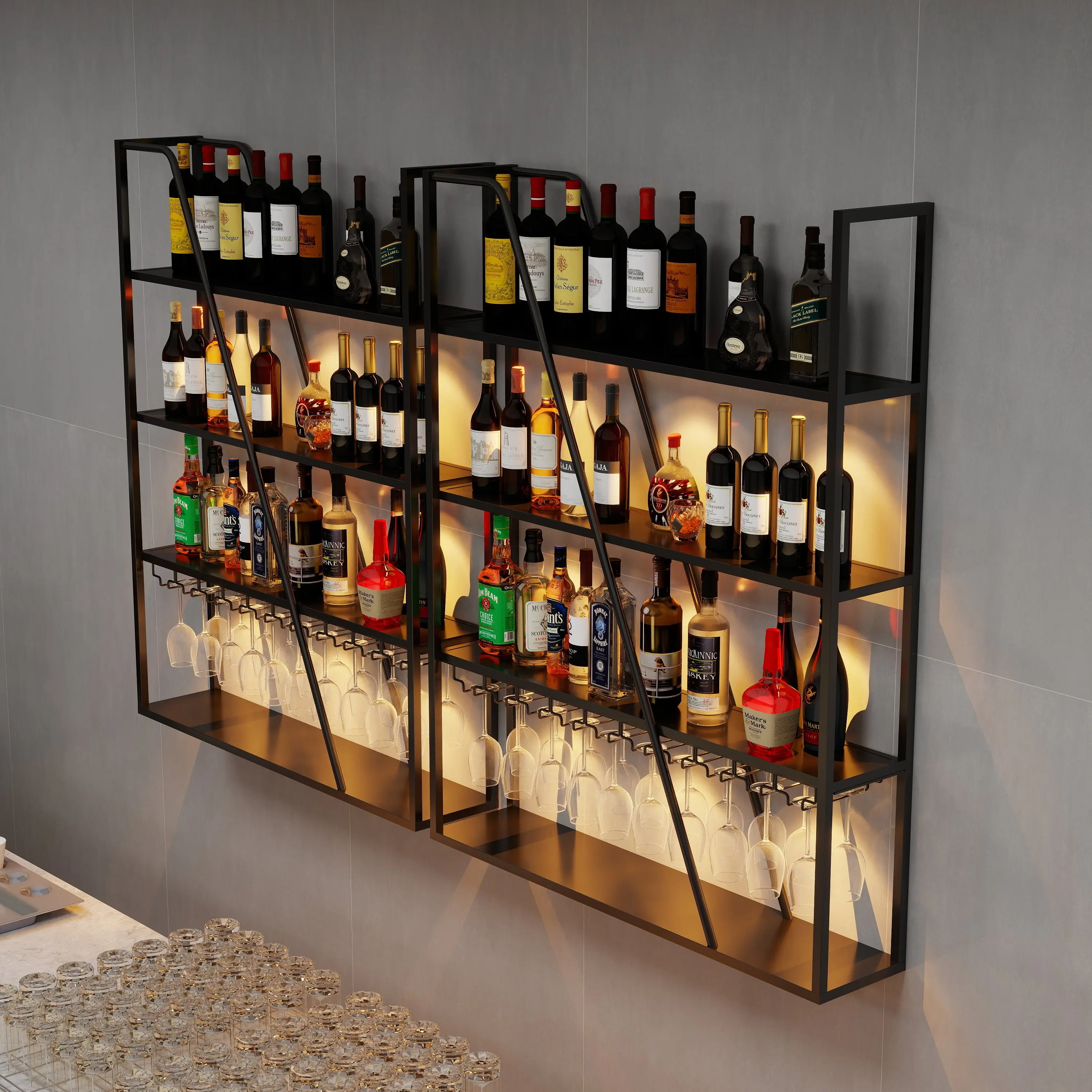 Bar lighting integrated wine rack wall hanging bar counter wall display rack upside down cup holder commercial household wall