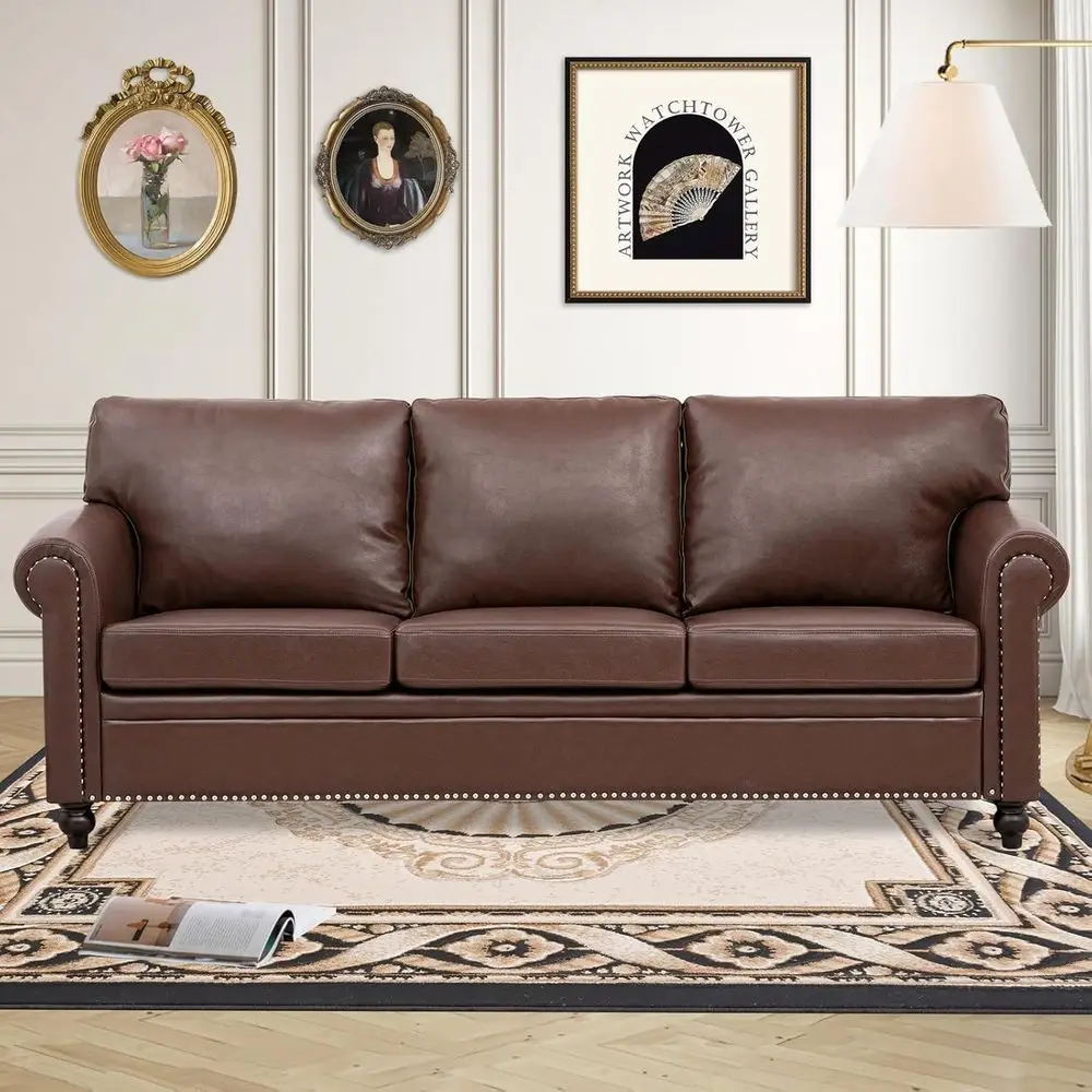 

Classic 3-Seater Brown Leather Couch with Detachable Cushions, Ideal for Living Rooms, Bedrooms, and Offices, Easy Assembly Requ