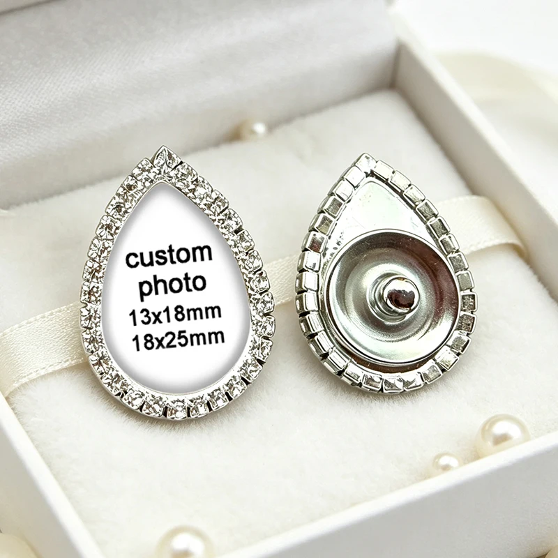 Personalized Custom Crystal Tear Drop Shape Photo Snap buttons for 18mm snap jewelry Crystal base style DIY Accessories