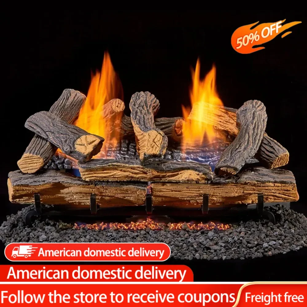 DLS-24R-1 Dual Fuel Ventless Fireplace Logs Set with Remote Control, Use with Natural Gas or Liquid Propane, 33000 BTU,24 Inches