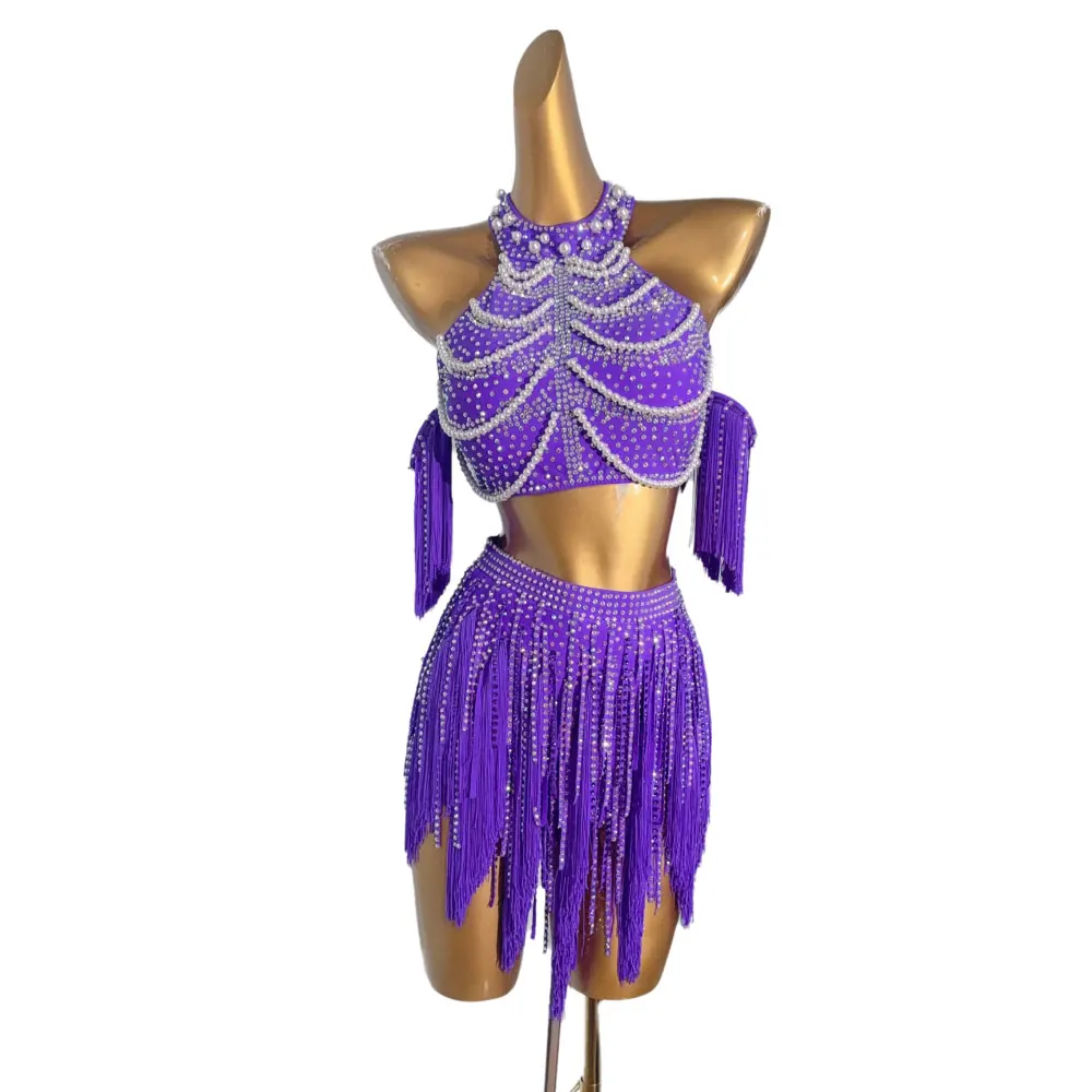 라틴 댄서, 성인, 어린이 고급 맞춤형 보라색 술 스커트, 삼바 라인스톤 퍼포먼스 드레스