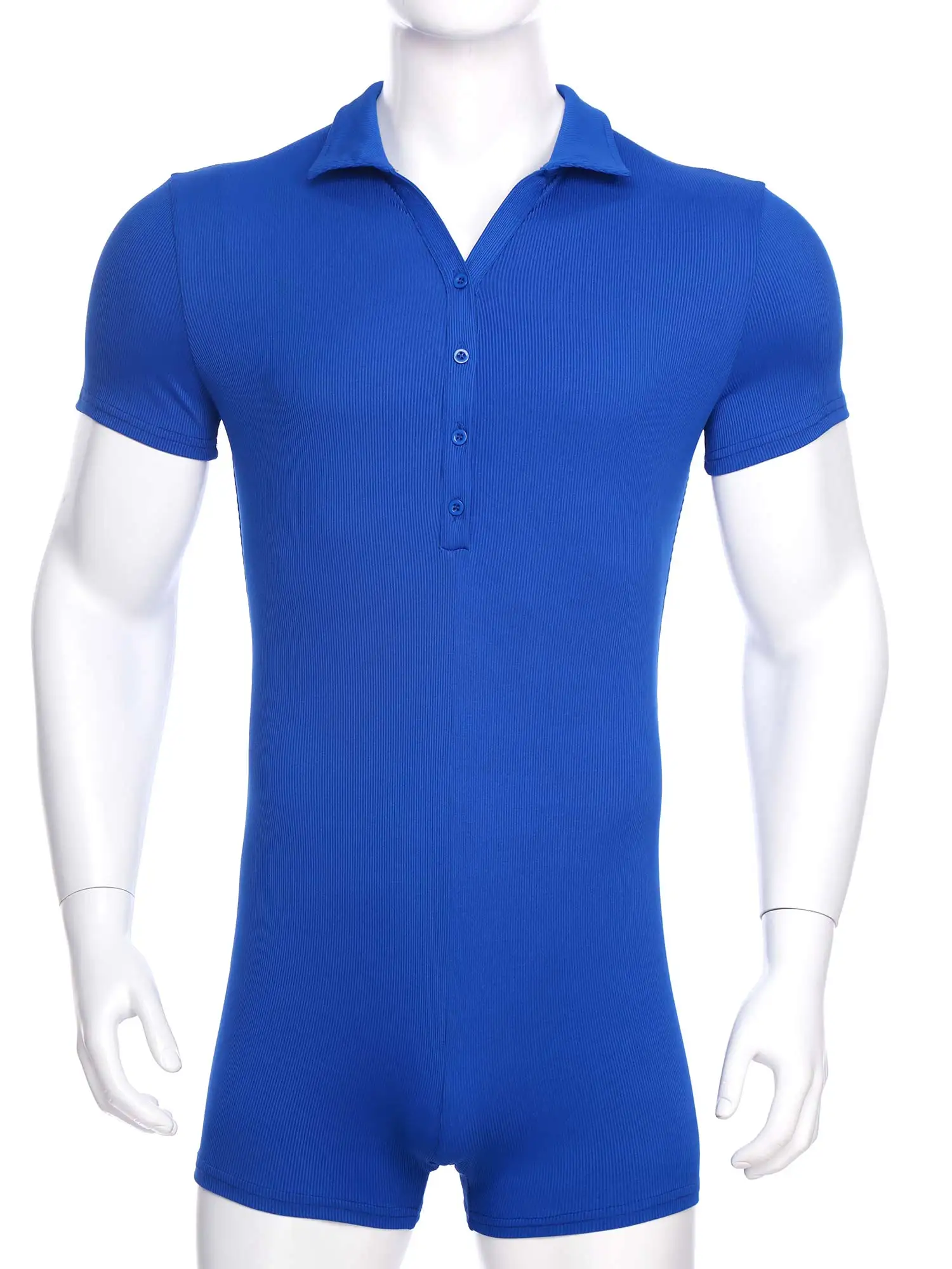 Men Short Sleeve Full Body Shaper Casual Wear Bodysuit Workout Singlet Turn-down Collar Short Sleeves Boyleg Button Up Jumpsuit - Image 4