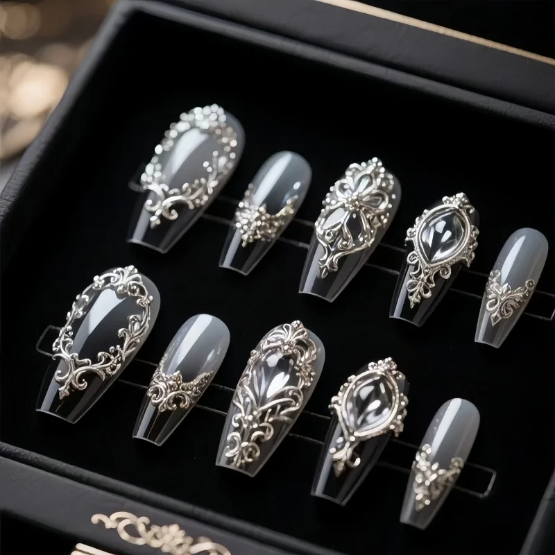 2PCS Retro Exquisite Baroque Relief Pattern Photo Frame Gemstone Stereoscopic Nail Decoration Transparent Nail Mold