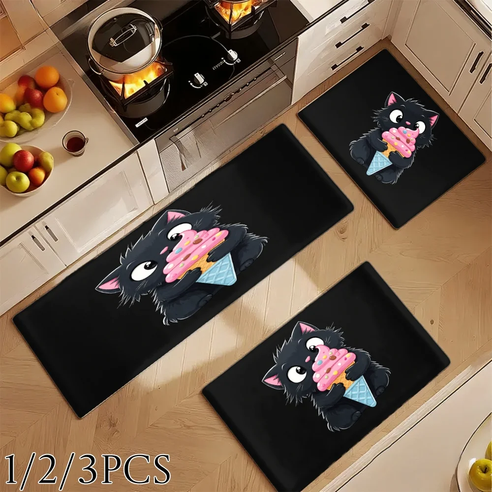 3PCS Kitchen Rugs,Home Decoration for Front Door, Kitchen, Bathroom, Black Cat Holding Pink Ice Cream Cone Dining Mat