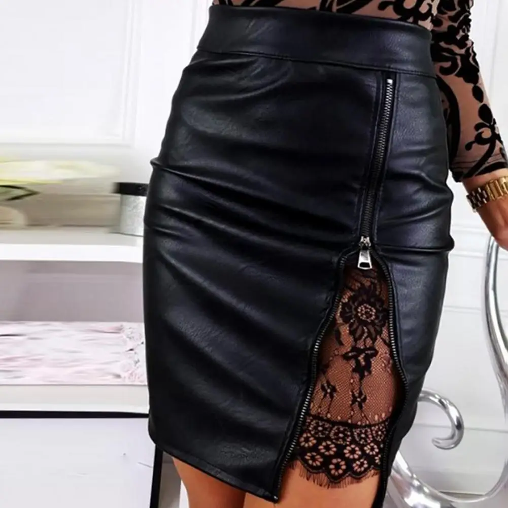 

High Waist Lace Patchwork Side Zipper Split Solid Color Women Skirt Hip Wrap Faux Leather Mini Bodycon Skirt Streetwear