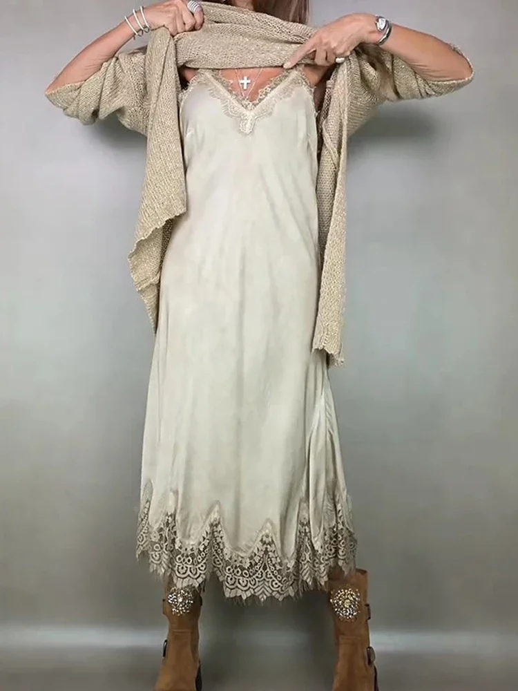 موضة عارية الذراعين بلون فستان الحفلات مثير الدانتيل المرقعة الساتان الحمالات فستان أنيق الخامس الرقبة بلا أكمام المرأة فستان طويل