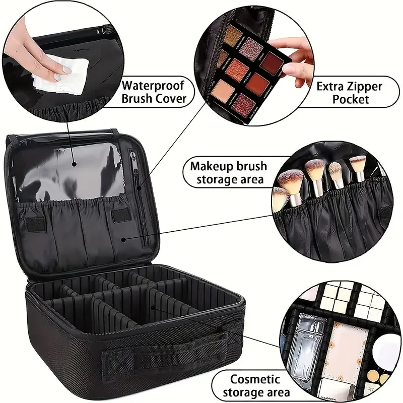 Teacher\'s Day print and black shell, adjustable partition, travel makeup bag, large professional portable makeup bag
