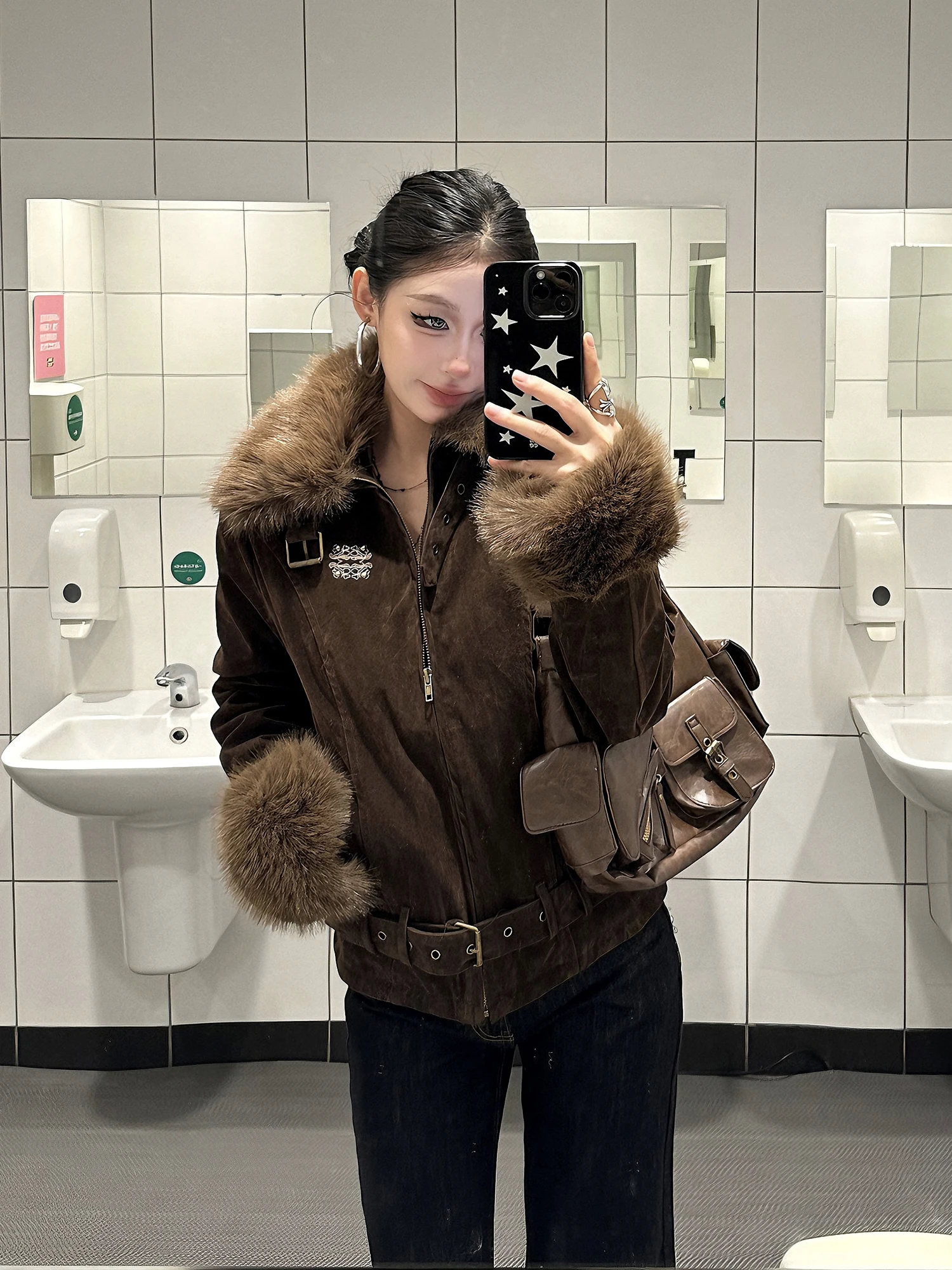 

Street Sle Women's Faux Suede Jaet Loose Fit with Fur Collar Patchwork Design Warm Cotton Coat for Autumn And Winter