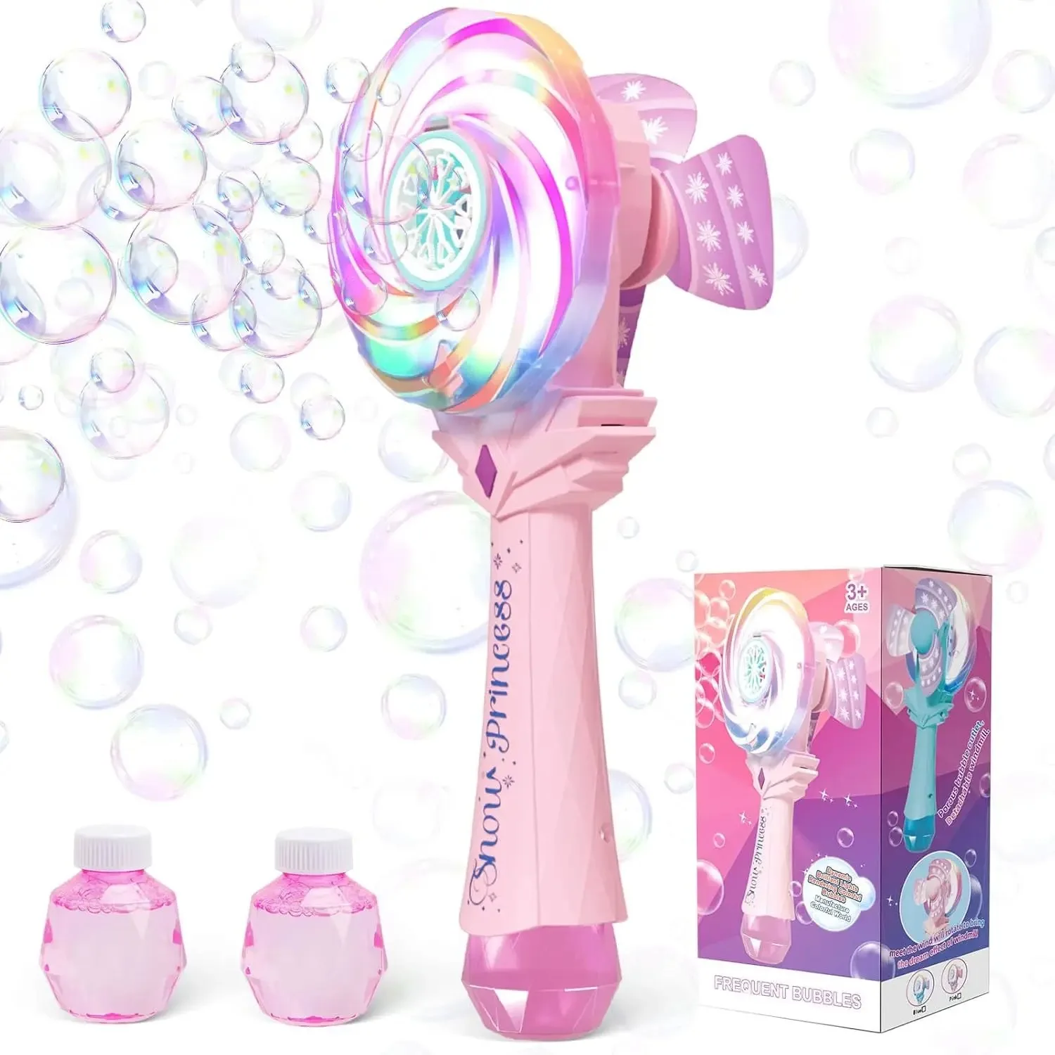 Automatic Bubble Machine for Kids，Windmill Design, Lights, Rechargeable, Includes 2 Bubble Solutions, Outdoor Party Toy, Pi