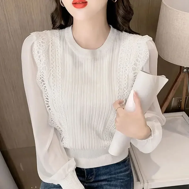 

Commute Solid Color Knitted Spliced Shirt Spring Autumn Long Sleeve Stylish Hollow Out Lace Women's Clothing O-Neck Blouse B570