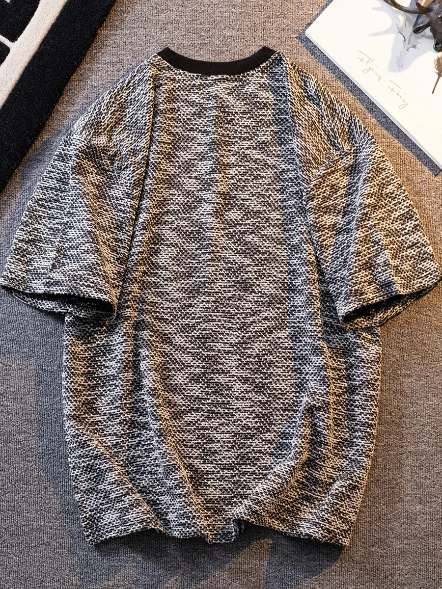 Men’s Vintage Knit T-Shirt Elegant Textured Short Sleeve Tee Chic Summer Casual Retro Pullover Contrast Tweed-like Top