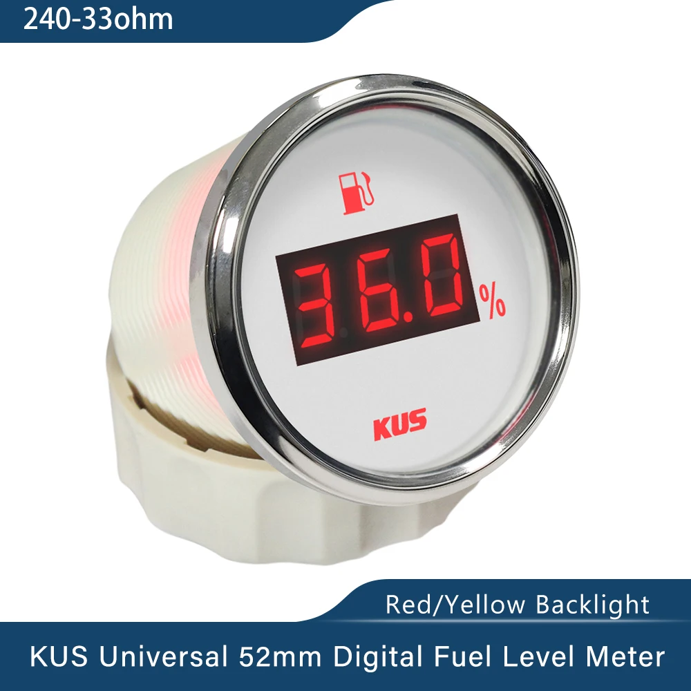 KUS New 52mm Auto Marine Fuel Oil Level Gauge Meter 0-190 ohm 240-33ohm with Red  Yellow Backlight 12V/24V for Car Boat