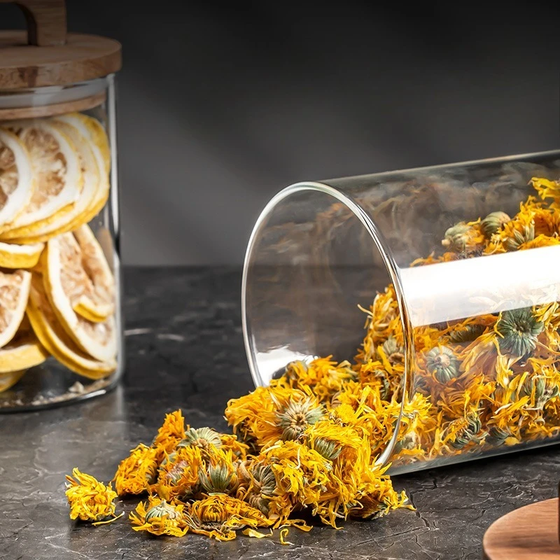 Tea can glass sealed jar household food grade flower tea storage jar display acacia wood cover storage bottle