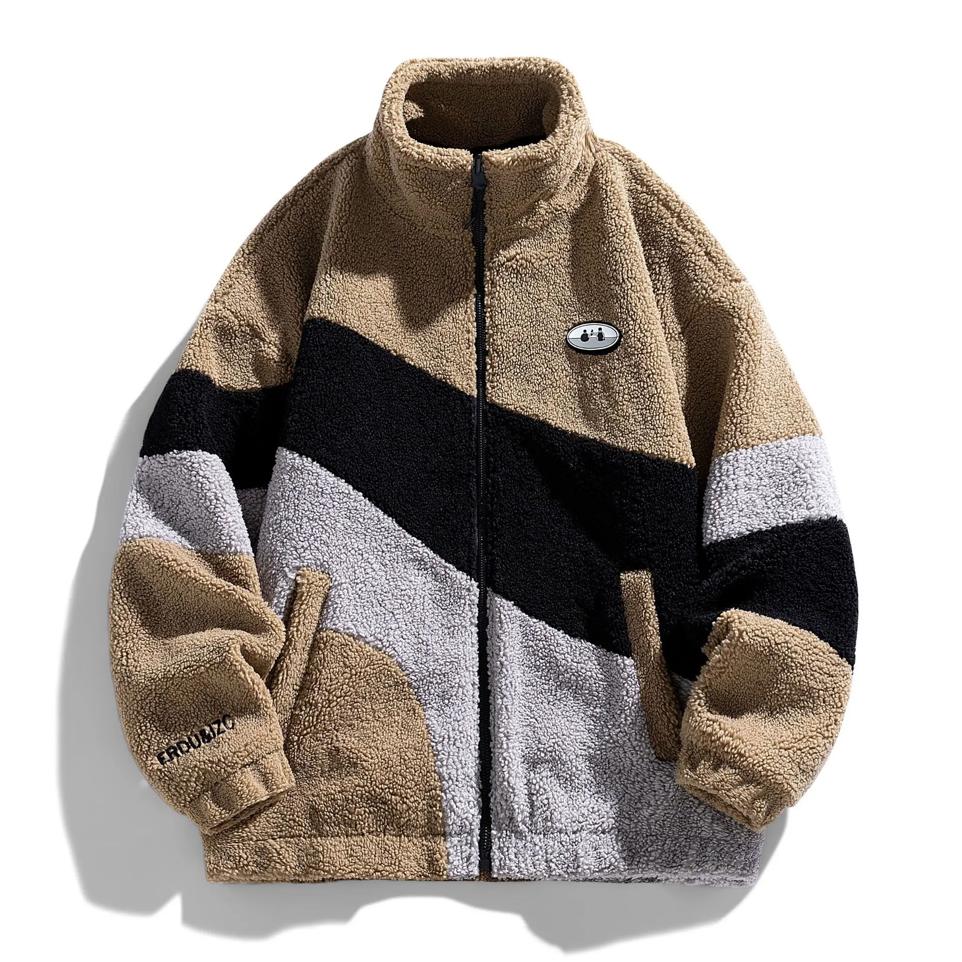 

Korean Fashion Colorblocked Lamb Coat Patch Design Autumn Winter Warm Jacket Men Women Clothing Standing Collar Jacket Thickened