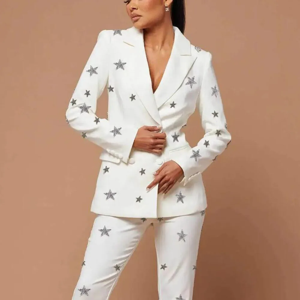 Exquisite Women Pant Suits Crystals Beaded Double Breasted Jacket Trousers 2 Pieces Bride's Mother Dress Bespoke Female Clothing