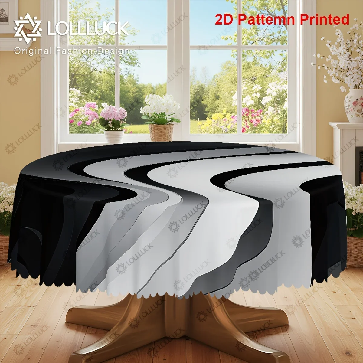 One round polyester tablecloth - modern abstract art design with black, white and gray patternsxzj