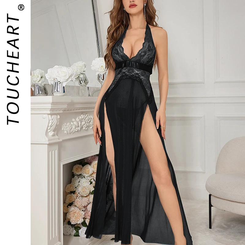 

Toucheart Sexy Lingerie Women's Dress Mesh Slit Suspender Long Skirt Sexy See-through Nightgown Suit Solid Color Halter Dress