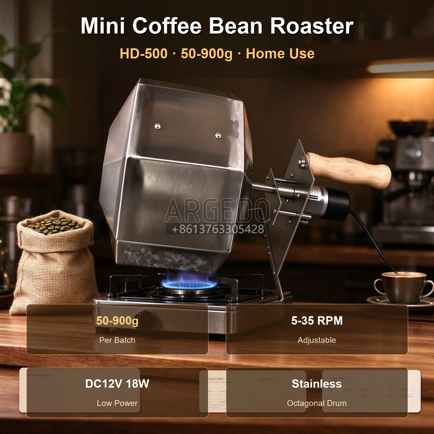 Mini Electric Coffee Bean Roaster 50-900g Home Coffee Roasting Machine 12V Stainless Steel Drum with Speed Control