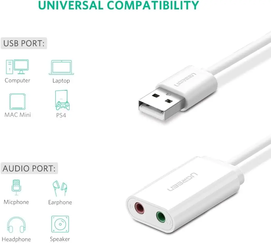 محول خارجي لبطاقة الصوت USB من Ugreen مع سماعة أذن 3.5 ملم ومقبس ميكروفون، بطاقة صوت التوصيل والتشغيل مناسبة للكمبيوتر