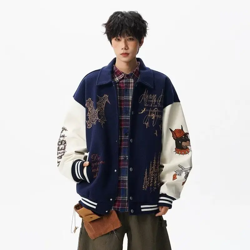 American Style Heavy Embroidery Patchwork Color Block Baseball Jacket Men's Trendy High Street Couple Turn-down Collar Jacket