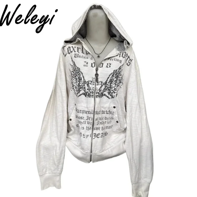 American Retro White Print Gothic Hoodies Women's Autumn Lazy Style Versatile Hooded Jacket Tops Loose Long Sleeve Zip Up Hoodie