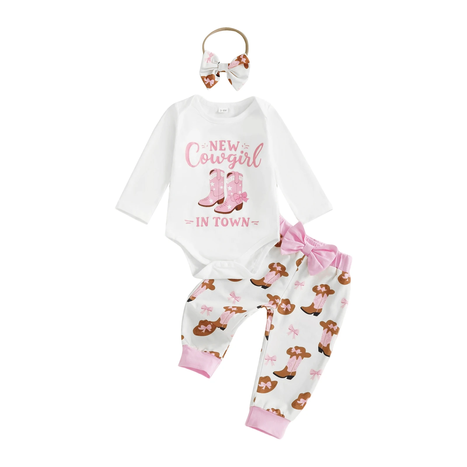 3Pcs Baby Girl Western Outfits Long Sleeve Romper + Pants + Headband Set Fall Clothes