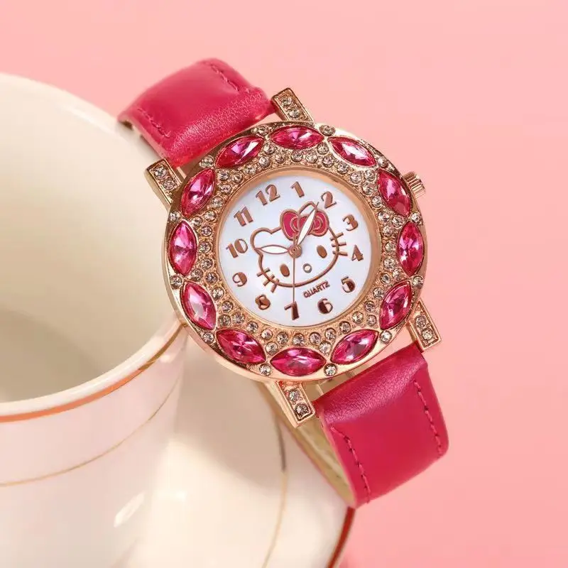 New Hello Kitty Diamond Quartz Watch for Women Sanrio Cartoon Fashion PU Leather Belt Watch Children Birthday Gift