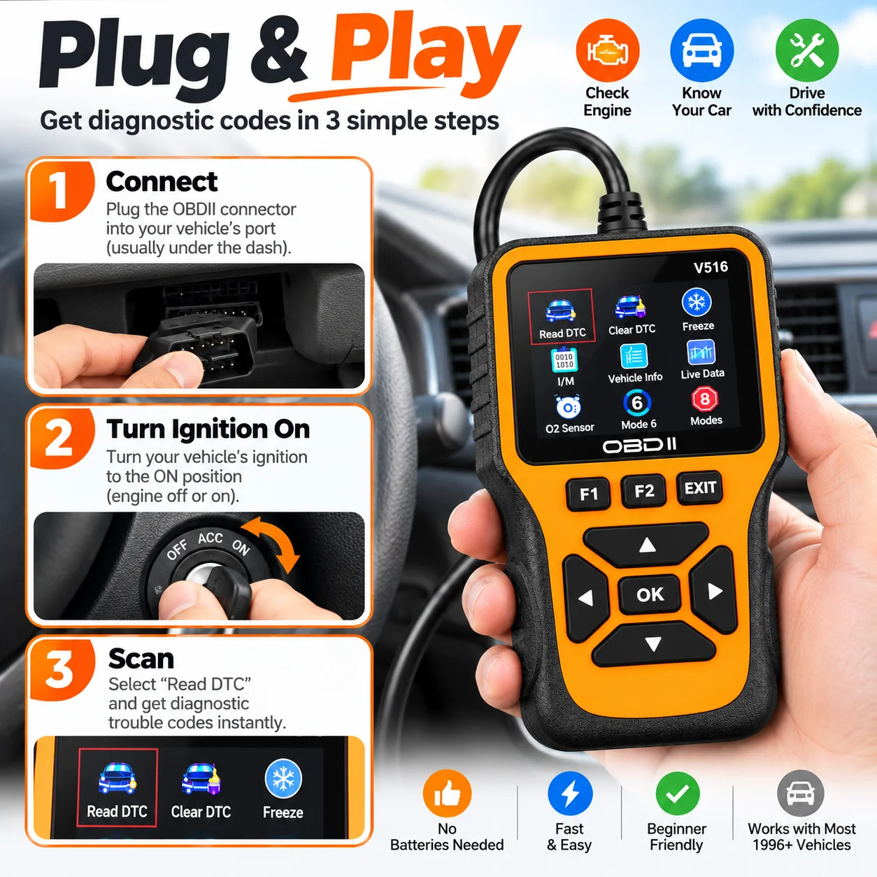 V516 OBD2 Car Scanner Engine Fault Code Reader, Automotive Diagnostic Scan Tool with Live Data Stream, O2 Sensor Test and 8 Diag