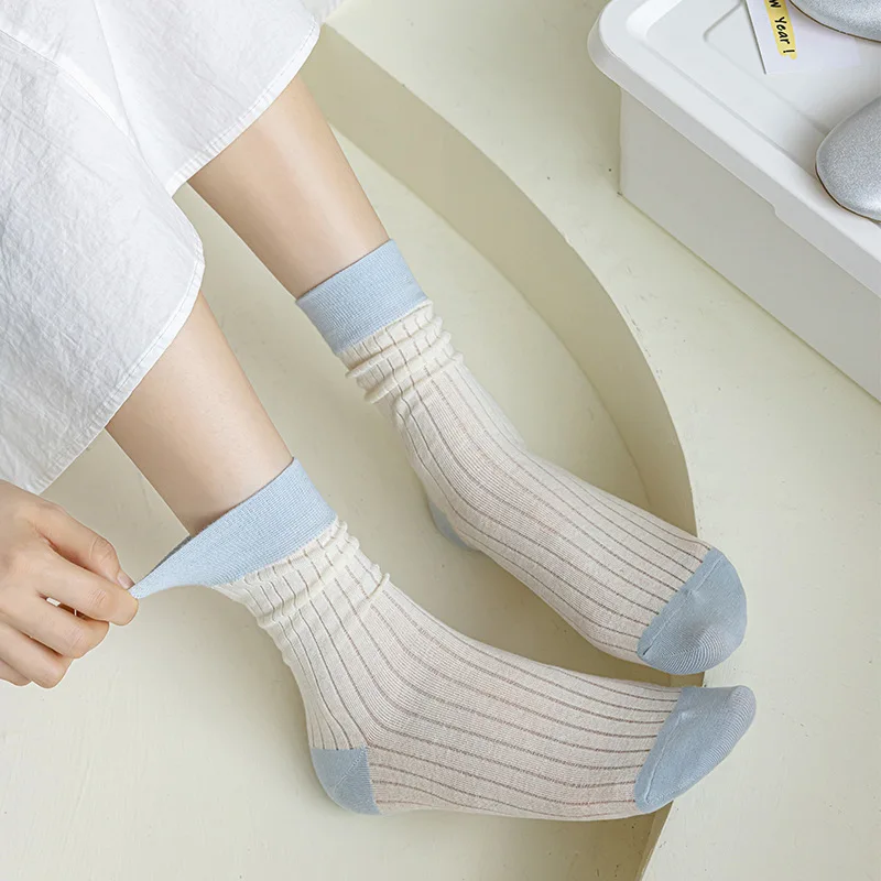 3 Pairs Girls Mid-tube Socks Summer Thin Breathable Solid Color Cotton Japanese Women's Cream Style