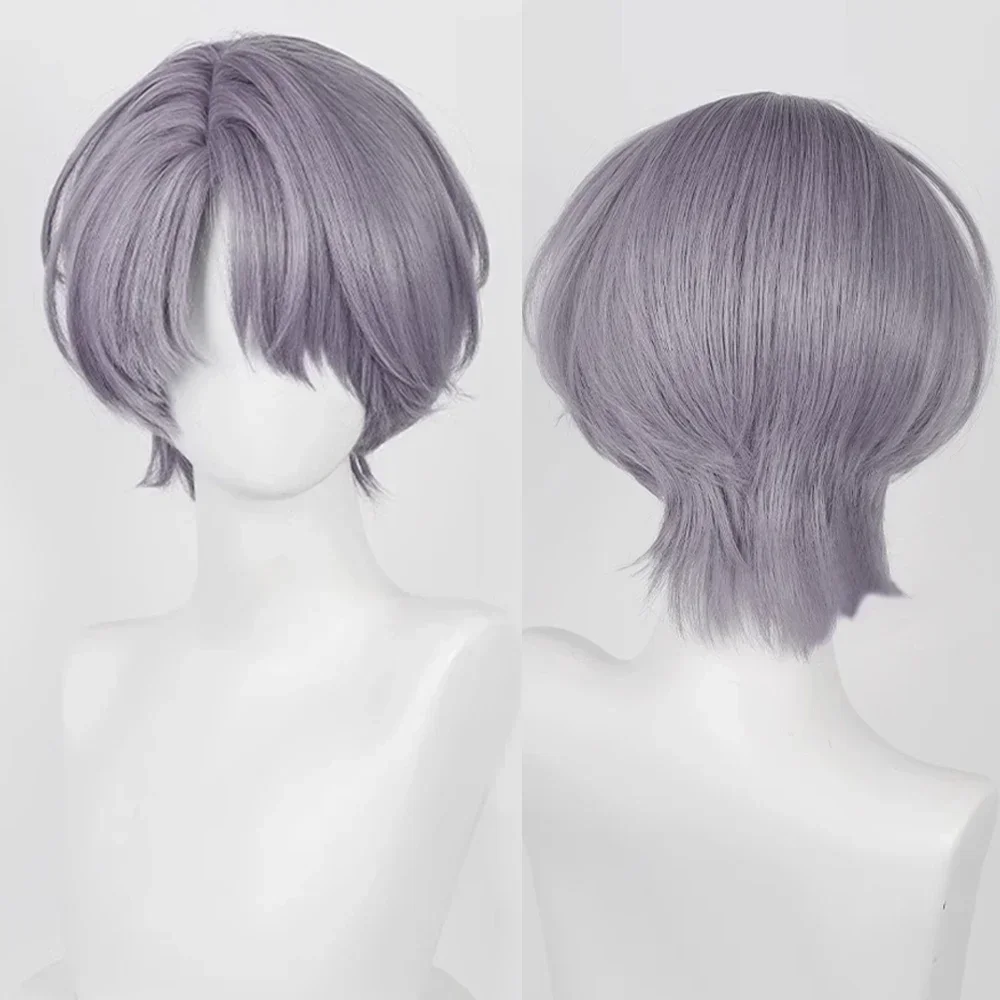 Synthetic Grey Purple Short Straight Wig with Bangs Anime Cosplay Men Heat Resistant Hair Wig For Daily Party