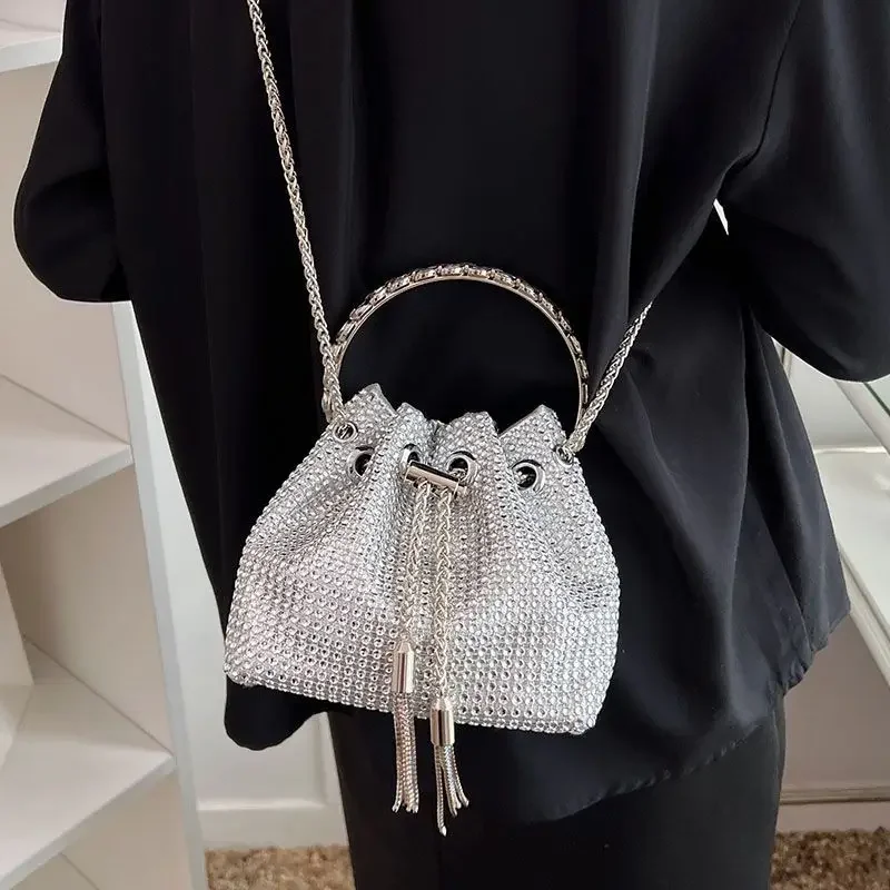 Rhinestone Bag Female Summer Full Diamond Bucket Bag 2024 New Diamond Tassel Handbag Senior Quality Oblique Handbag